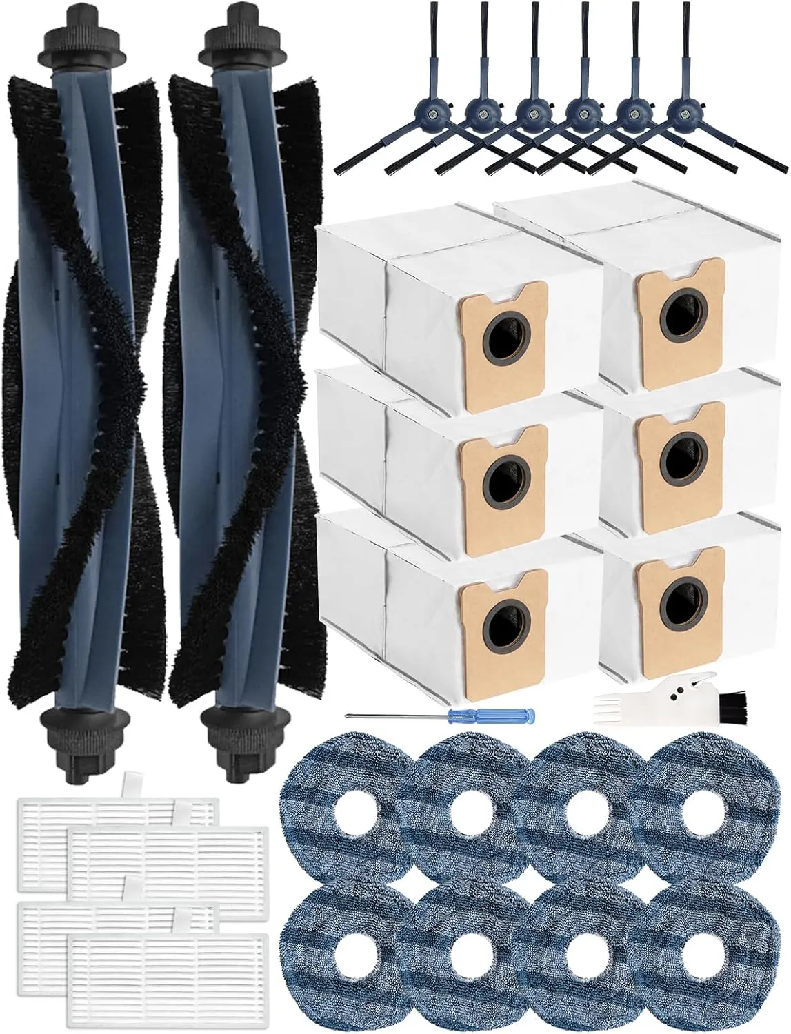 28PCS Replacement Parts for Eufy Omni C20 Vacuum Cleaner Accessory Kit: 2 Main Brushes, 6 Side Brushes, 4 HEPA Filters, 6 Dust Bags, 8 Wipes