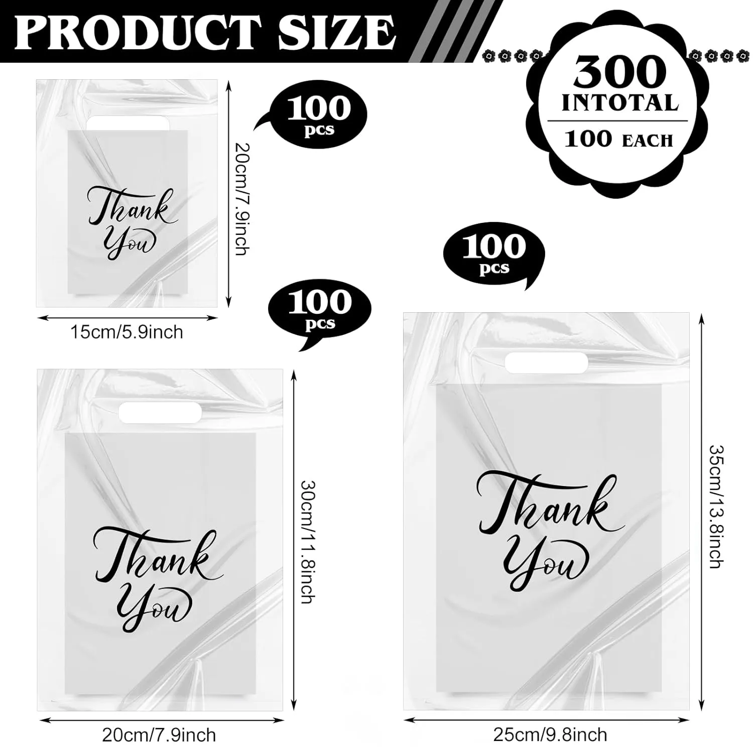 300 Pcs Thank You Bags for Business Small, 3 Size Plastic Shopping Bags for Small Business, Thank You Gift Bags with Handles, Bulk Merchandise Bags for Party Stores Packaging Wholesale Goodie Bags
