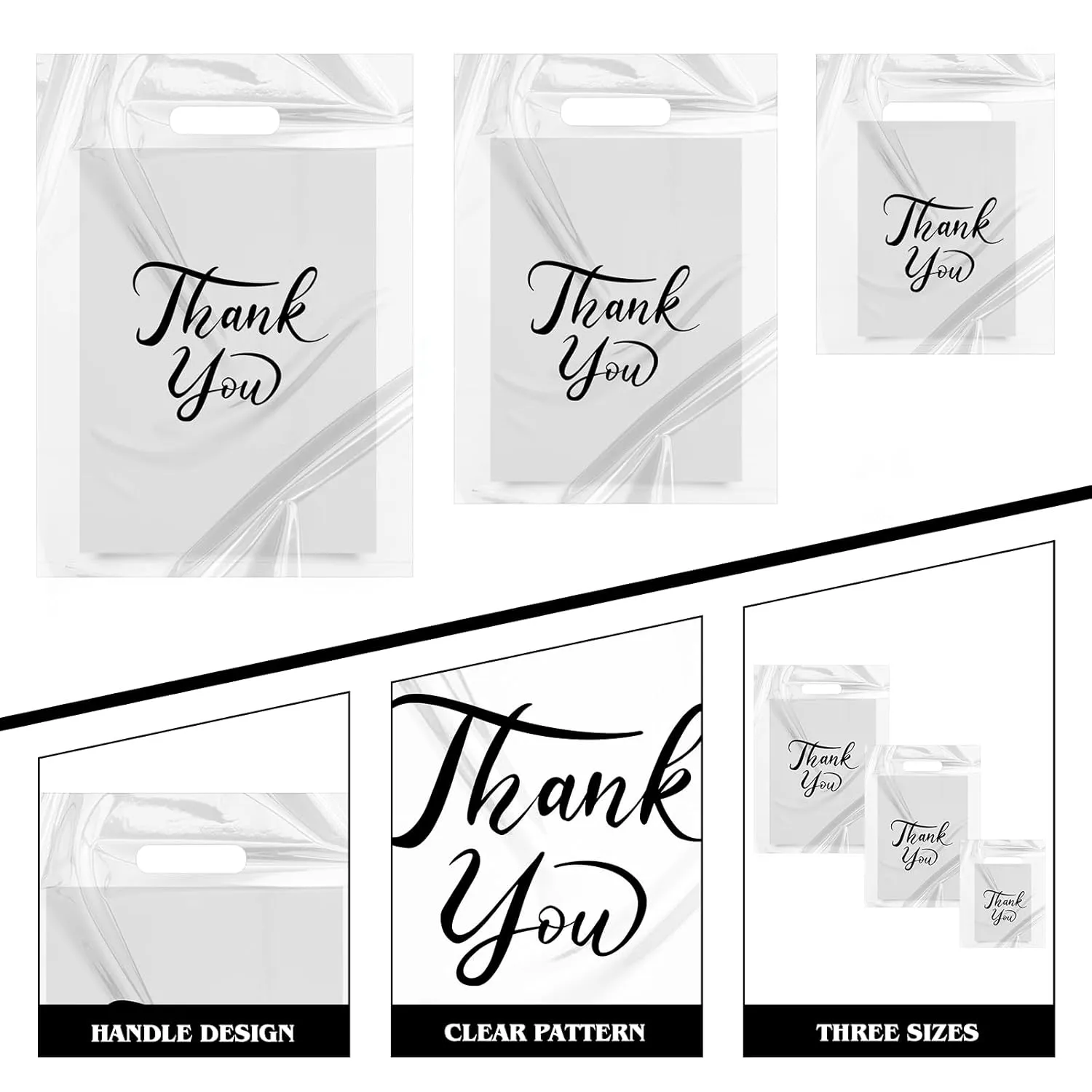 300 Pcs Thank You Bags for Business Small, 3 Size Plastic Shopping Bags for Small Business, Thank You Gift Bags with Handles, Bulk Merchandise Bags for Party Stores Packaging Wholesale Goodie Bags