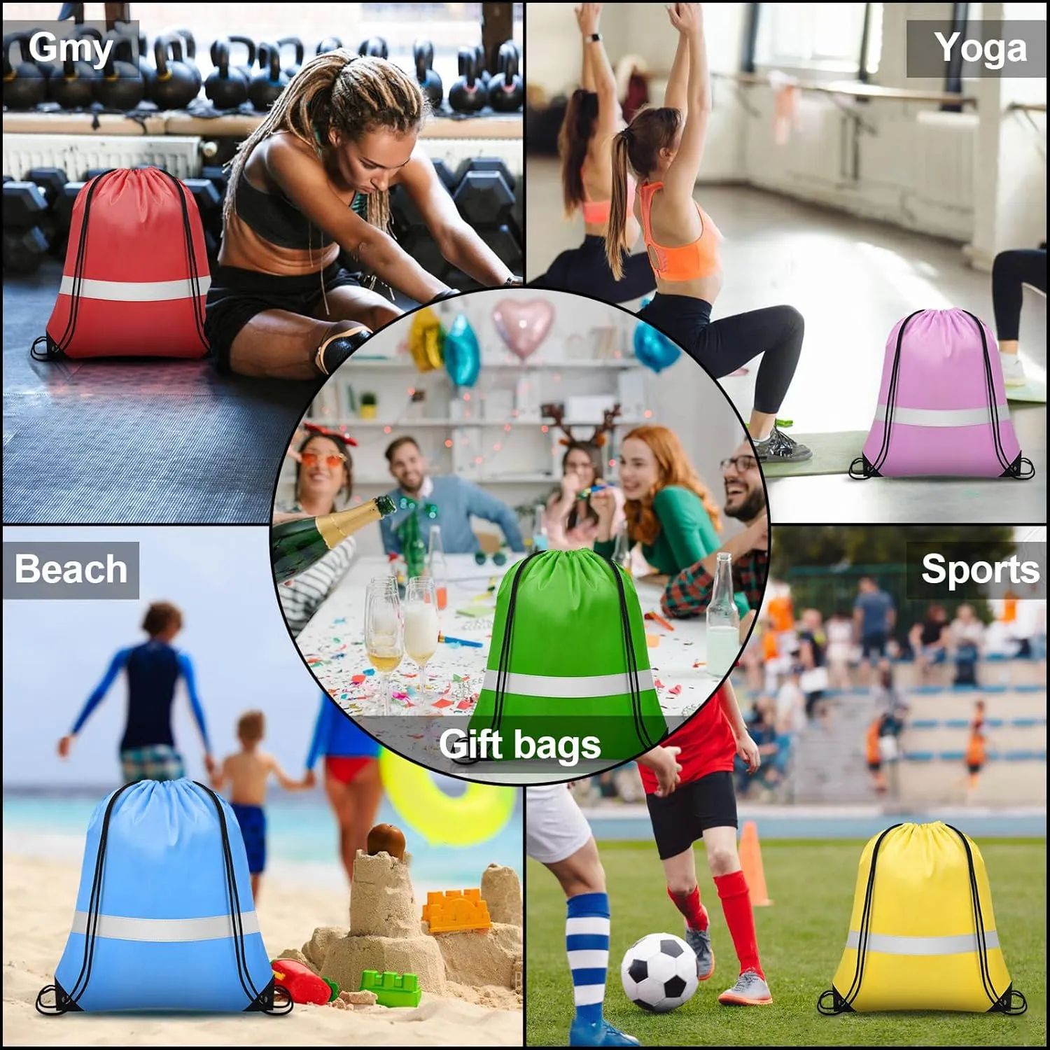 32Pcs Drawstring Bags Bulk Cinch Bag, Polyester String Bag Drawstring Backpack for Trip Party Camping Sports Gym Yoga（Soft Reflect）