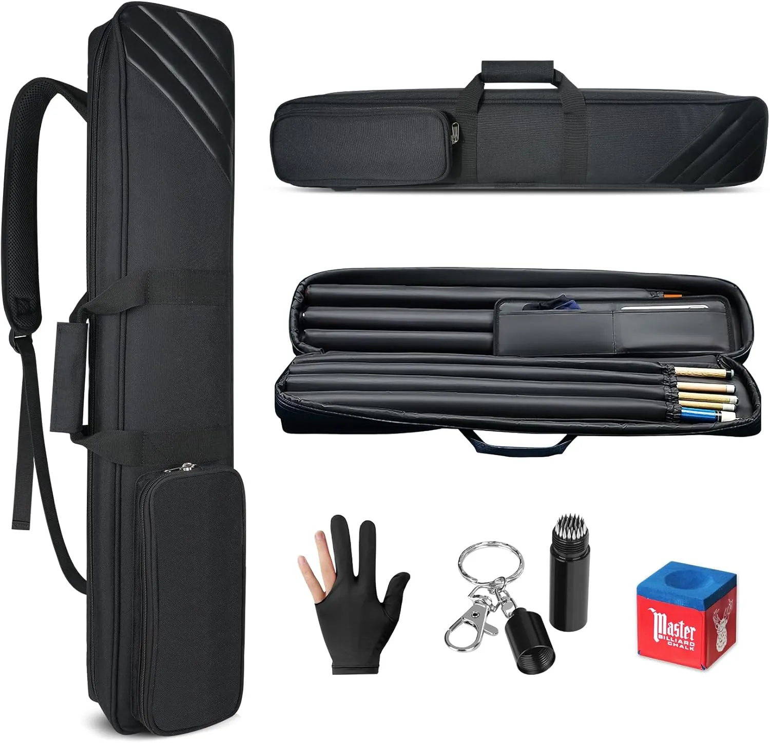 3×4 Pool Cue Case, Pool Stick Case Holds 3 Heads and 4 Shafts with Front Accessory Pocket and Adjustable Shoulder Strap, Holds Cues and Accessories, Comes with Gloves, Tip Tool, Chalk, Black