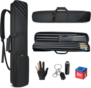 3×4 Pool Cue Case, Pool Stick Case Holds 3 Heads and 4 Shafts with Front Accessory Pocket and Adjustable Shoulder Strap, Holds Cues and Accessories, Comes with Gloves, Tip Tool, Chalk, Black