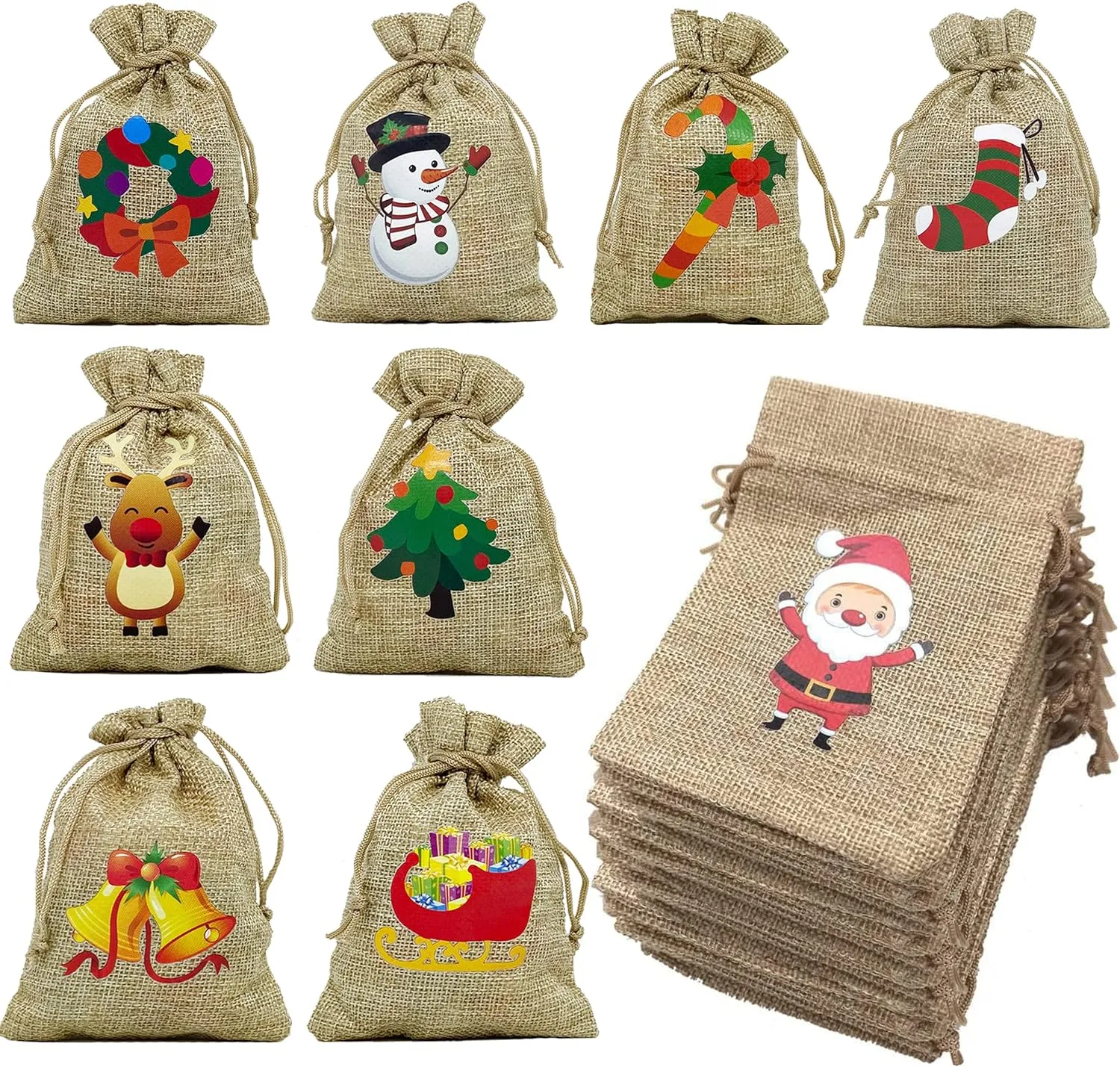 36 Pack Small Christmas Gift Bags, Tiny Christmas Burlap Candy Bag with Drawstring for Xmas Stocking Stuffers, Bulk Christmas Gift Goody Treat Bags for Holiday New Year Party Favors Supplies