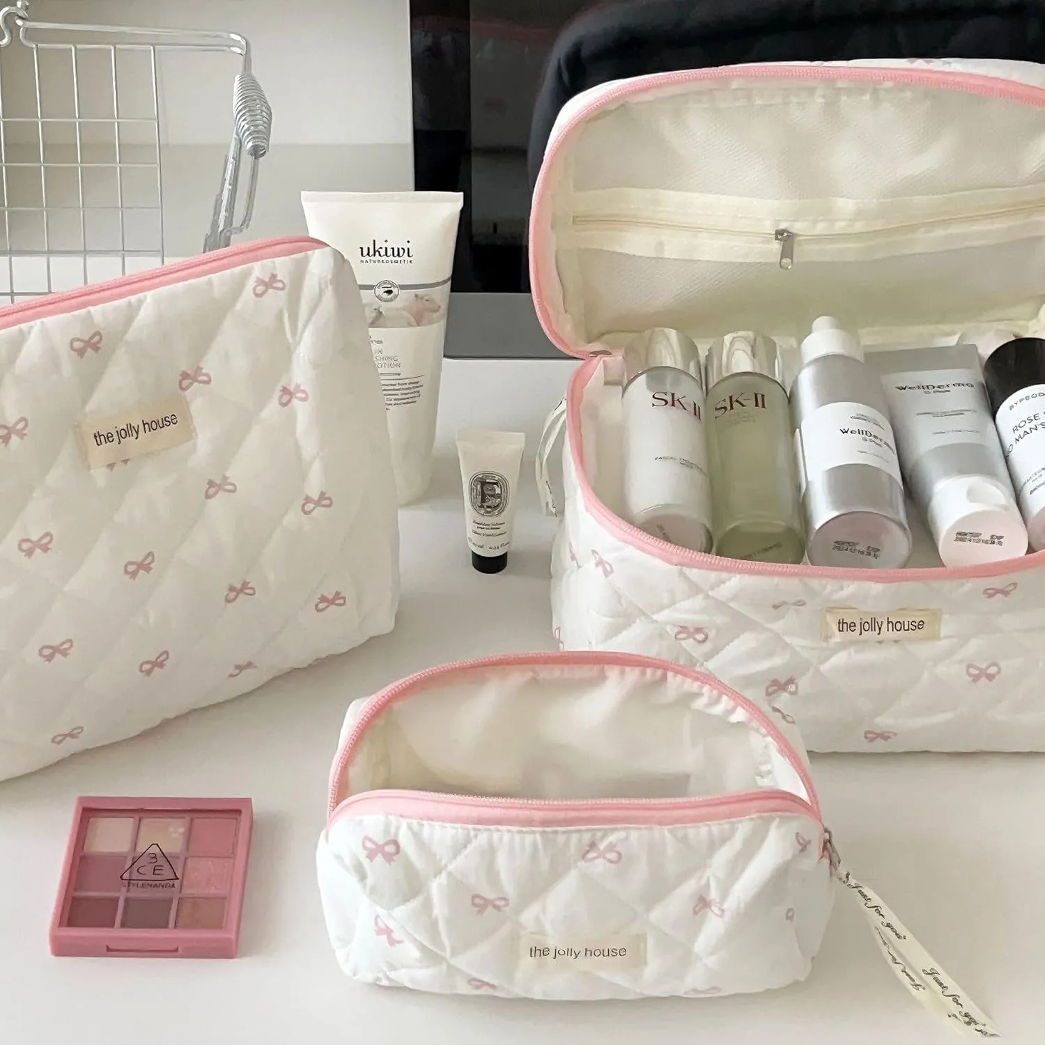 3PC Makeup Bag Set Cute Bow Cosmetic Bag Large Quilted Coquette Make up Bags Cotton Travel Aesthetic Toiletry Organizer