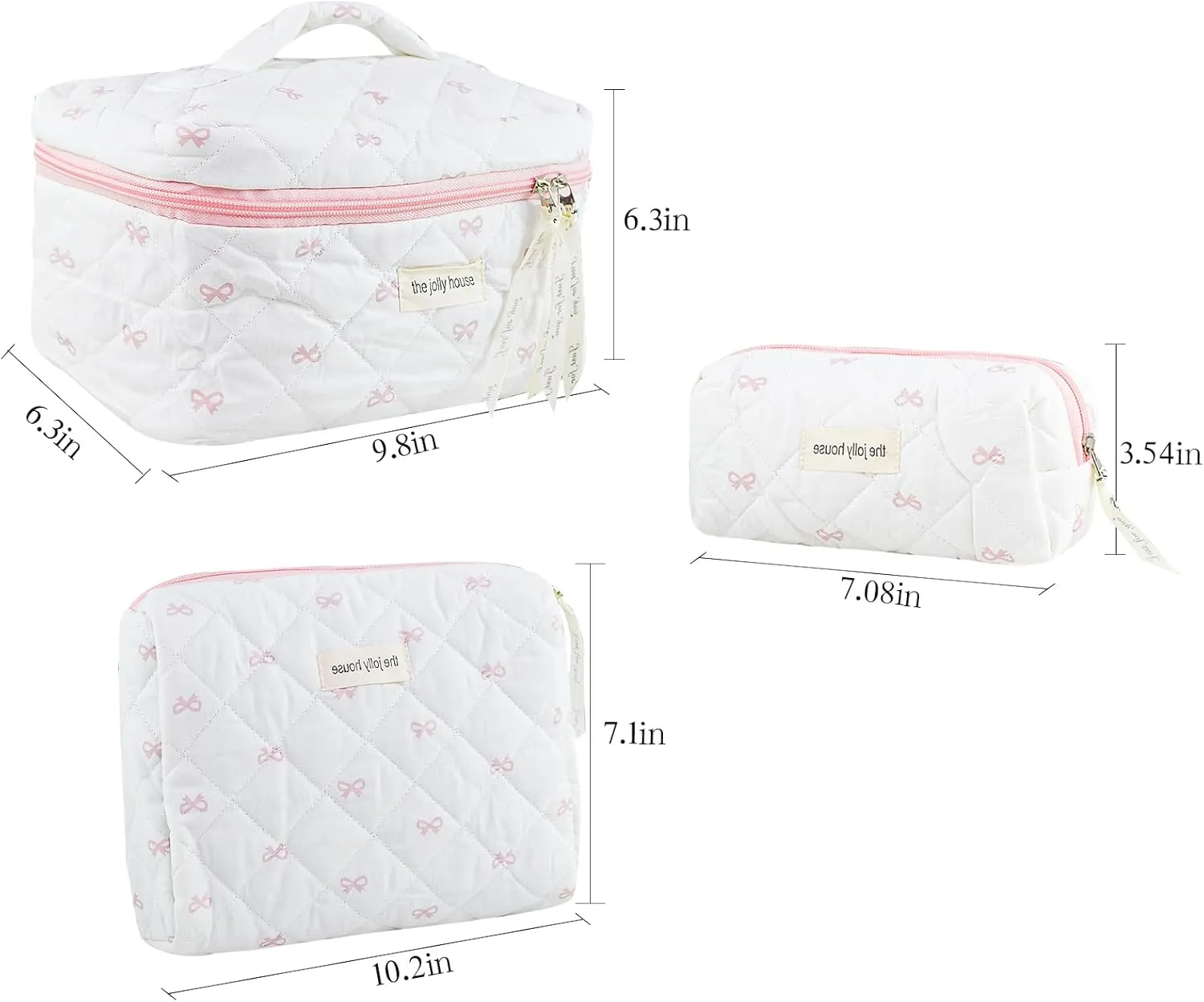 3PC Makeup Bag Set Cute Bow Cosmetic Bag Large Quilted Coquette Make up Bags Cotton Travel Aesthetic Toiletry Organizer