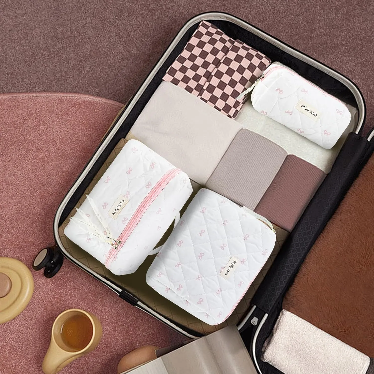 3PC Makeup Bag Set Cute Bow Cosmetic Bag Large Quilted Coquette Make up Bags Cotton Travel Aesthetic Toiletry Organizer