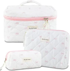 3PC Makeup Bag Set Cute Bow Cosmetic Bag Large Quilted Coquette Make up Bags Cotton Travel Aesthetic Toiletry Organizer