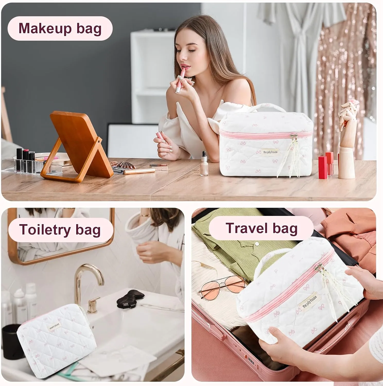 3PC Makeup Bag Set Cute Bow Cosmetic Bag Large Quilted Coquette Make up Bags Cotton Travel Aesthetic Toiletry Organizer