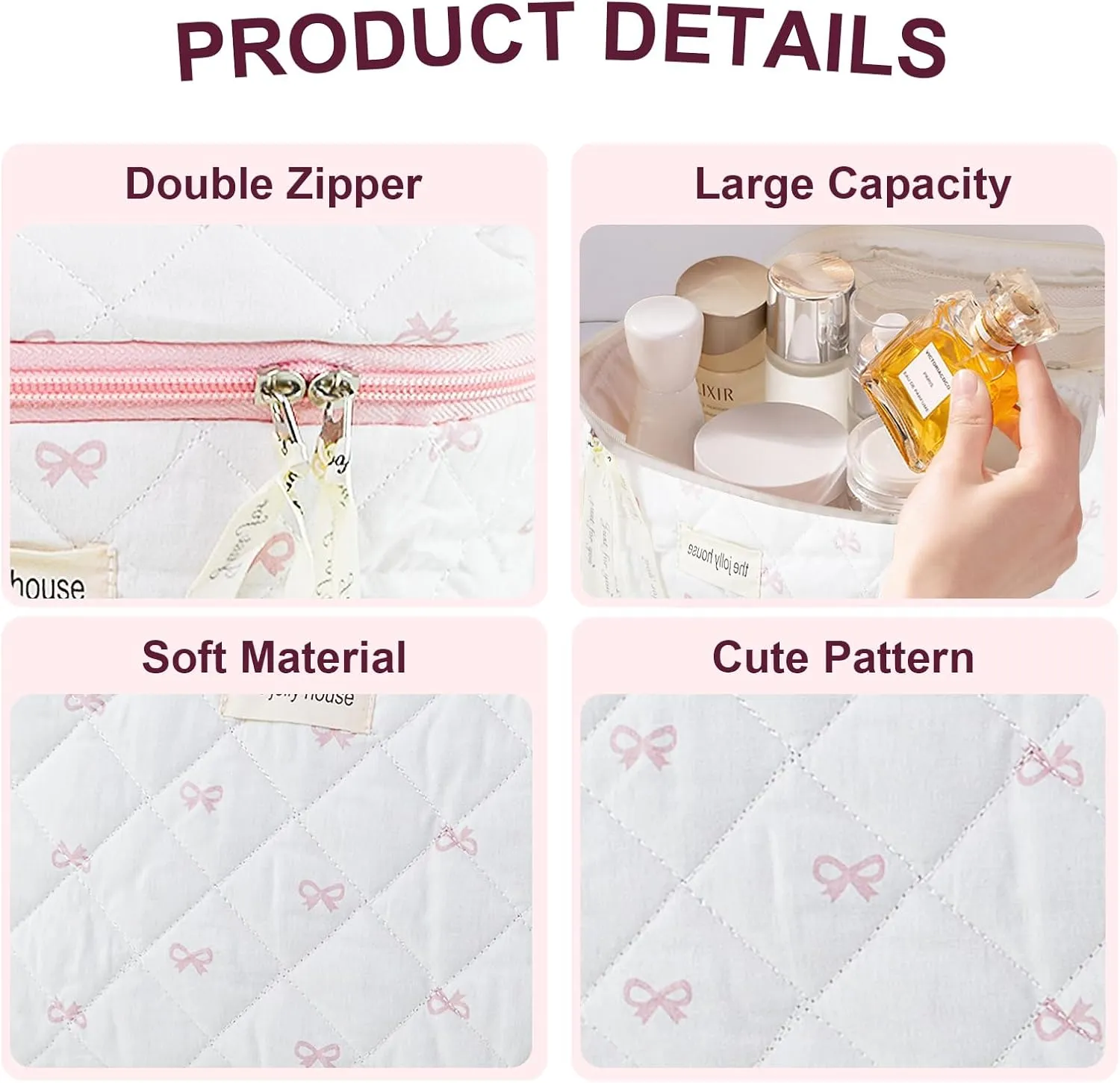 3PC Makeup Bag Set Cute Bow Cosmetic Bag Large Quilted Coquette Make up Bags Cotton Travel Aesthetic Toiletry Organizer