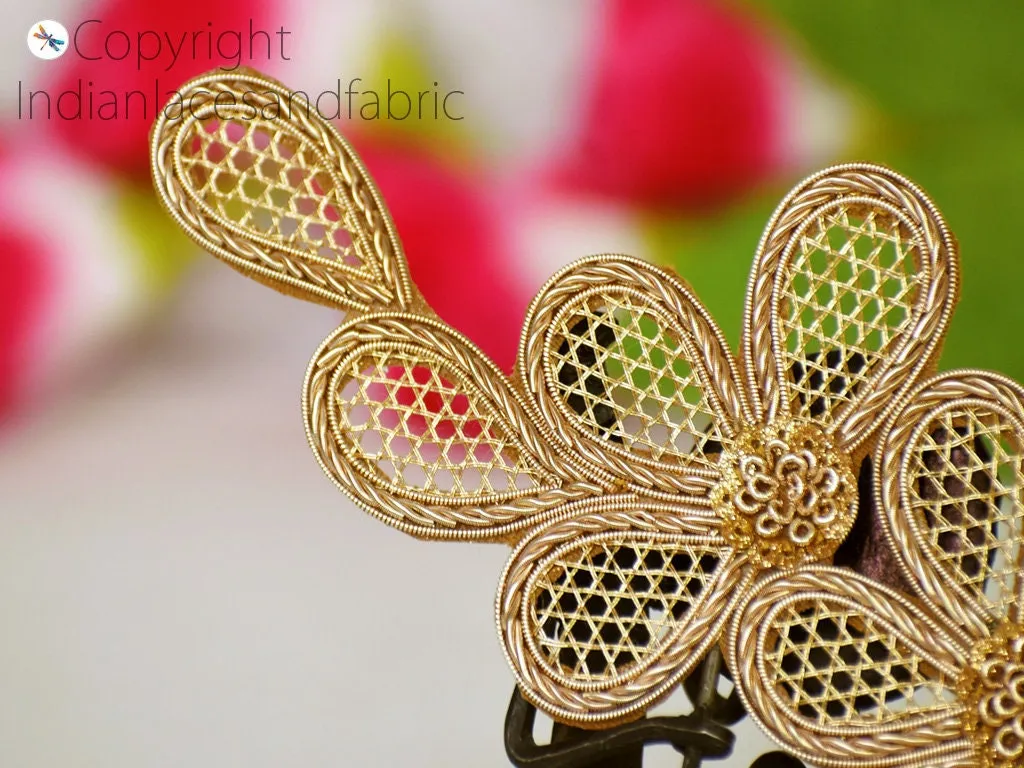 4 Pc Gold Zardozi Decorative Handmade Patches Floral Embroidered Indian Sewing Wedding Dress Handcrafted Patch Appliques Crafting Supply