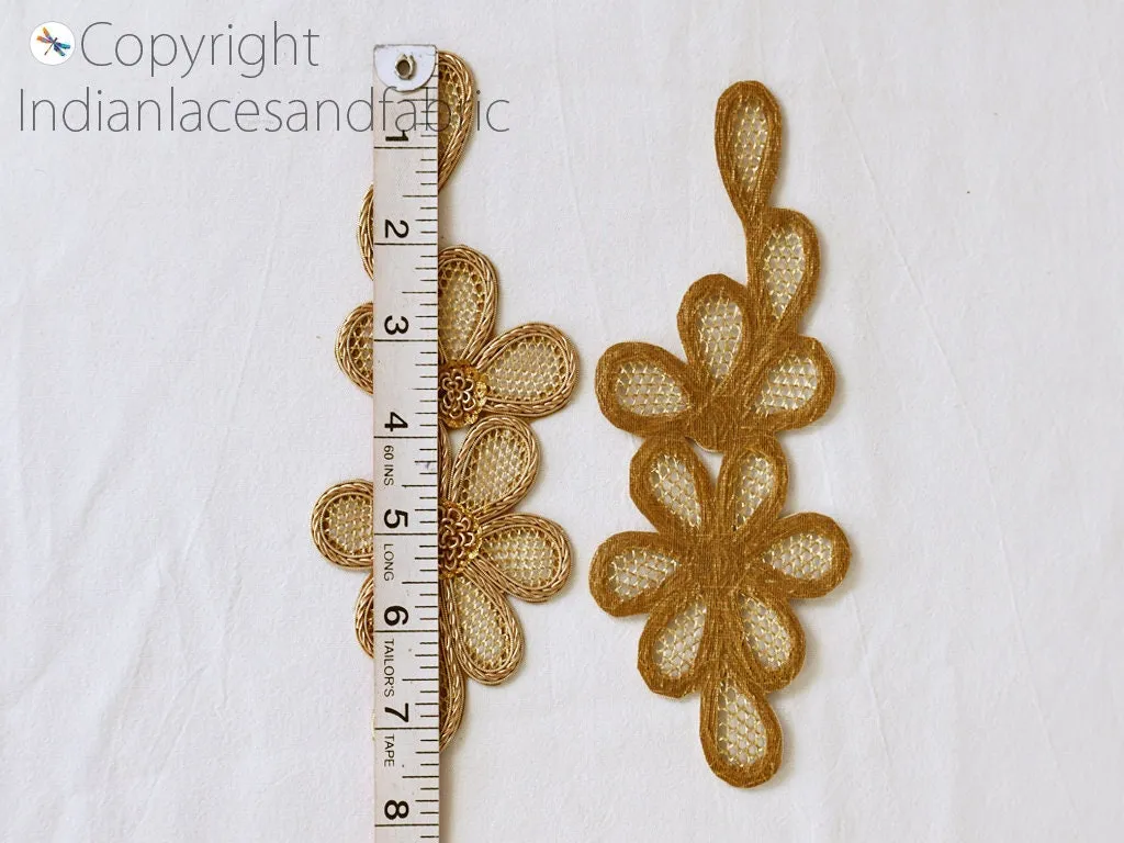 4 Pc Gold Zardozi Decorative Handmade Patches Floral Embroidered Indian Sewing Wedding Dress Handcrafted Patch Appliques Crafting Supply