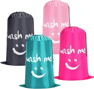 4 Piece Drawstring Travel Laundry Bag, Large Laundry Bag, Men's and Women's Dirty Laundry Travel and Gym Bag, Waterproof Wetproof Bag，Smiley Face