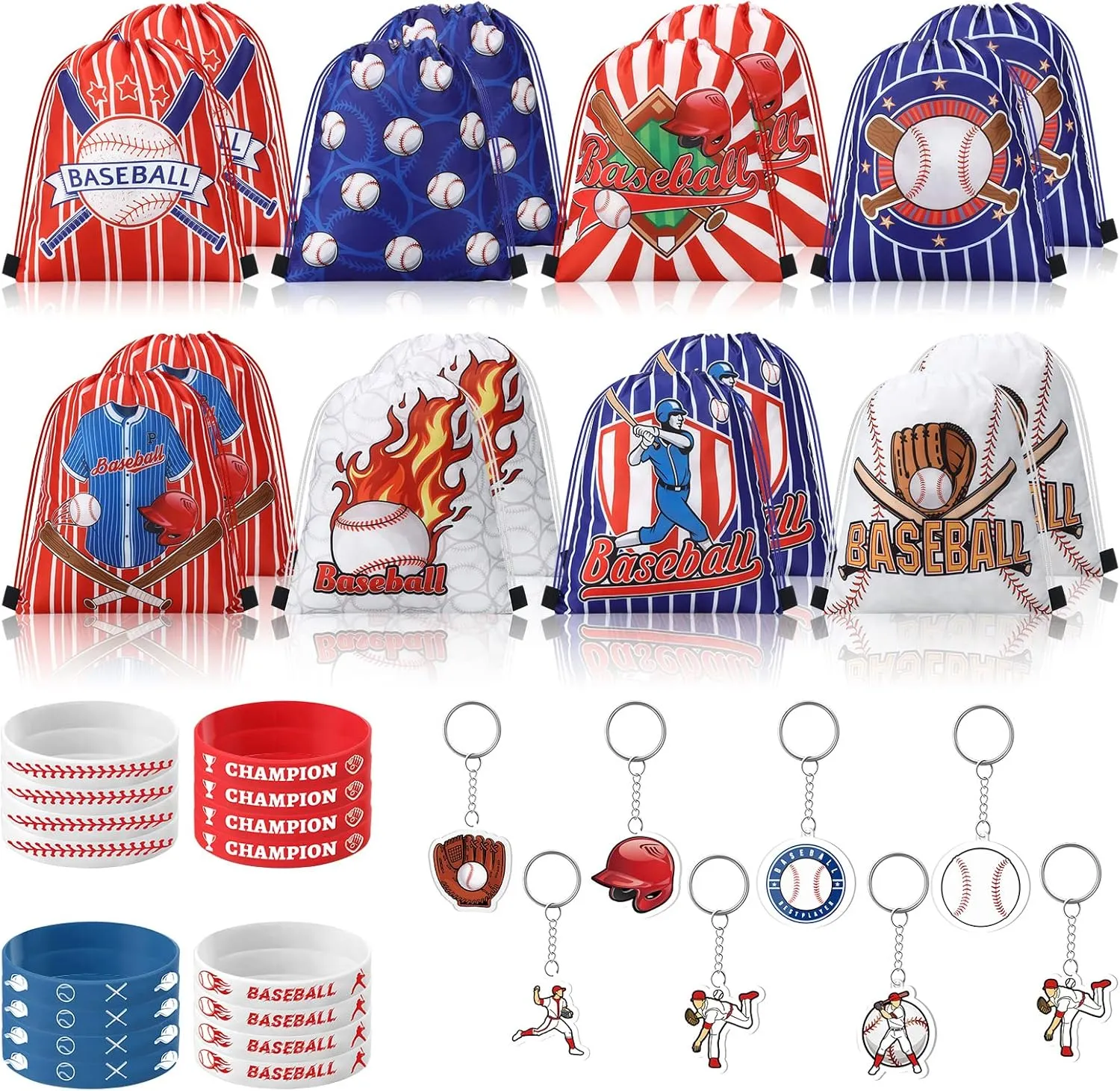 48 Pcs Baseball Party Favors Sets Sports Team Gifts with 16 Drawstring Backpack Gift Goodie Bag Snacks Candy Treat Bags 16 Wristband 16 Keychain for Baseball Birthday Party Supplies Decor