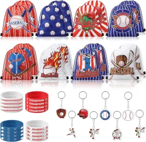 48 Pcs Baseball Party Favors Sets Sports Team Gifts with 16 Drawstring Backpack Gift Goodie Bag Snacks Candy Treat Bags 16 Wristband 16 Keychain for Baseball Birthday Party Supplies Decor