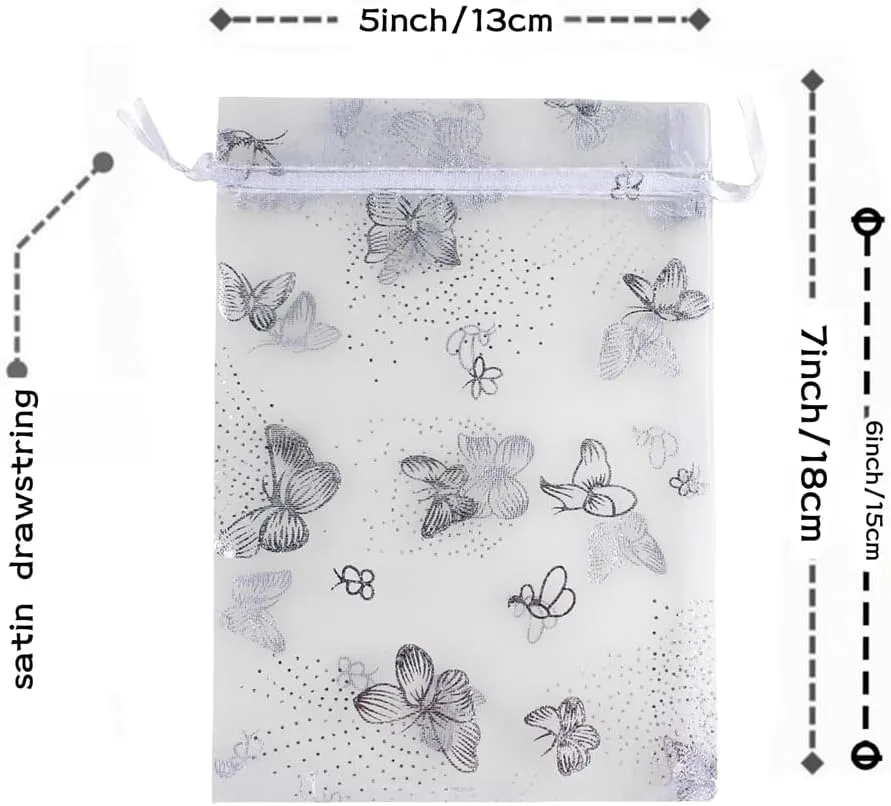 5 x 7 Inch White 100 Butterfly Organza Jewelry Gift Pouch Candy Pouch Drawstring Wedding Favor Bags SDHD211301810X
