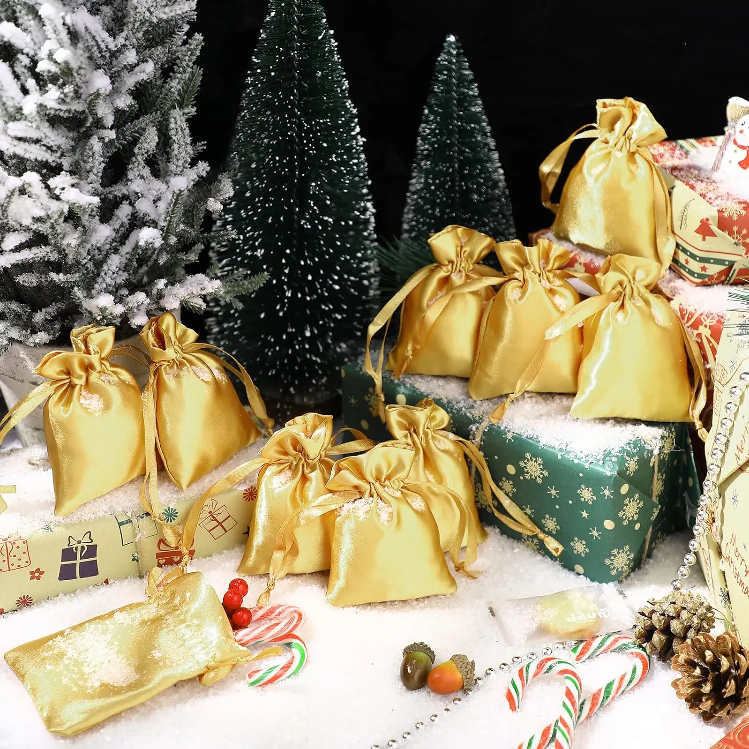 50 Pieces 3 x 4 Satin Bags with Drawstring Gift Pouch Mini Jewelry Small Wedding Favor Bags Smooth Soft Satin Fabric Candy Pouches for Baby Shower Decoration(Gold)