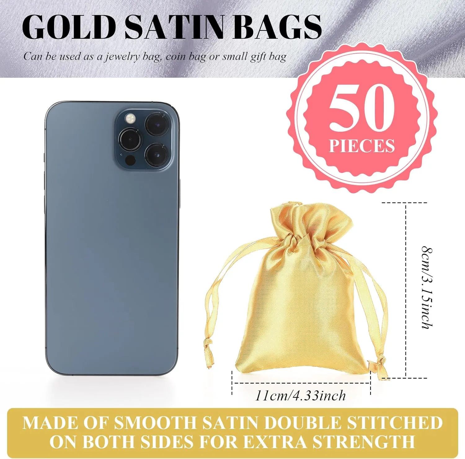 50 Pieces 3 x 4 Satin Bags with Drawstring Gift Pouch Mini Jewelry Small Wedding Favor Bags Smooth Soft Satin Fabric Candy Pouches for Baby Shower Decoration(Gold)