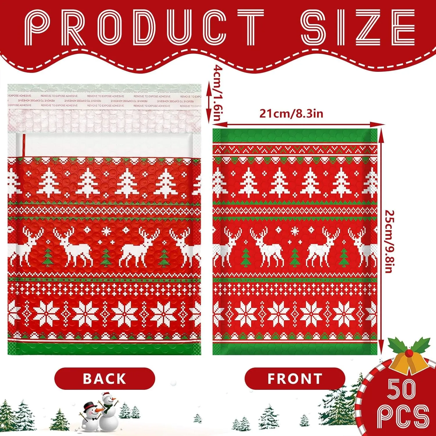50Pcs Christmas Poly Bubble Mailer 8.3 x 11.4 In Red Green Self-Sealing Packing Bag Elk Snowflake Poinsettia Padded Envelope Tear Resistant Shipping Envelopes for Xmas Winter Business
