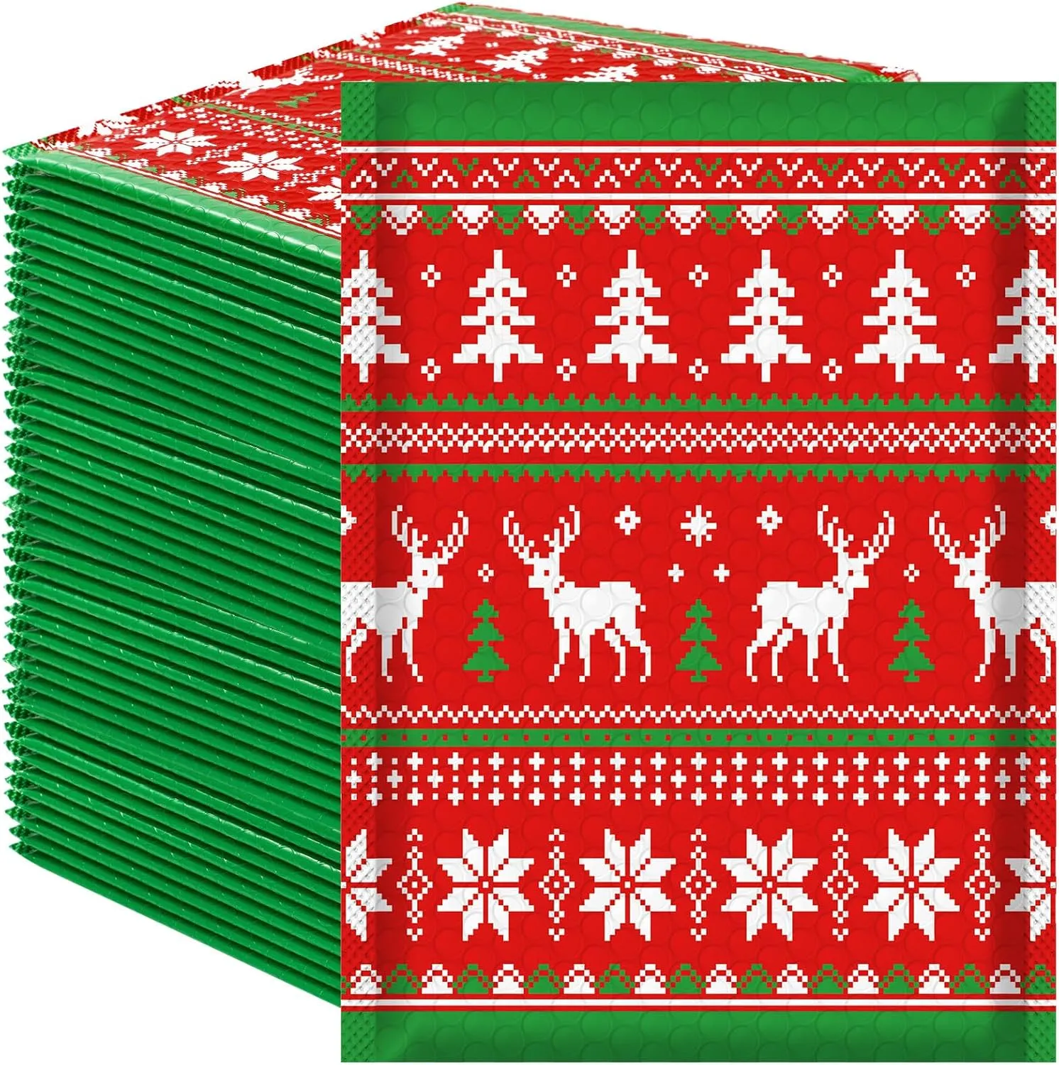 50Pcs Christmas Poly Bubble Mailer 8.3 x 11.4 In Red Green Self-Sealing Packing Bag Elk Snowflake Poinsettia Padded Envelope Tear Resistant Shipping Envelopes for Xmas Winter Business
