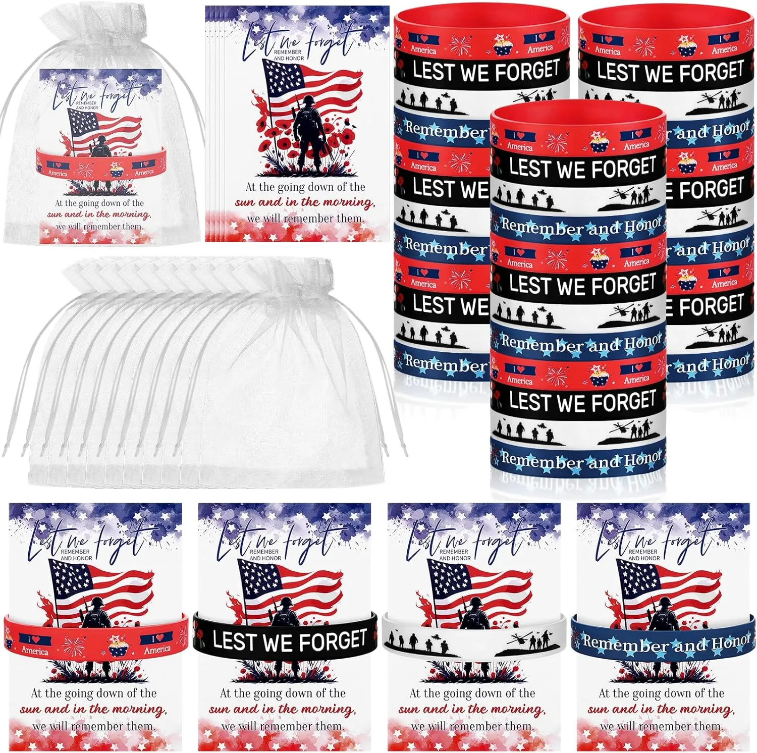 60 Sets Memorial Day Wristbands Bracelets Gifts Bulk with Patriotic American Thank You Cards and Organza Bags Lest We Forget Favors for Men Women Veterans 4th of July Independence Day