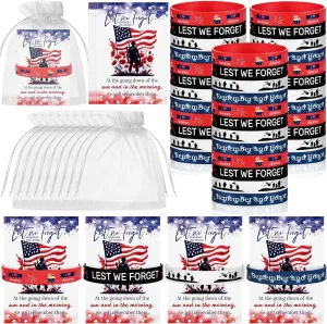 60 Sets Memorial Day Wristbands Bracelets Gifts Bulk with Patriotic American Thank You Cards and Organza Bags Lest We Forget Favors for Men Women Veterans 4th of July Independence Day