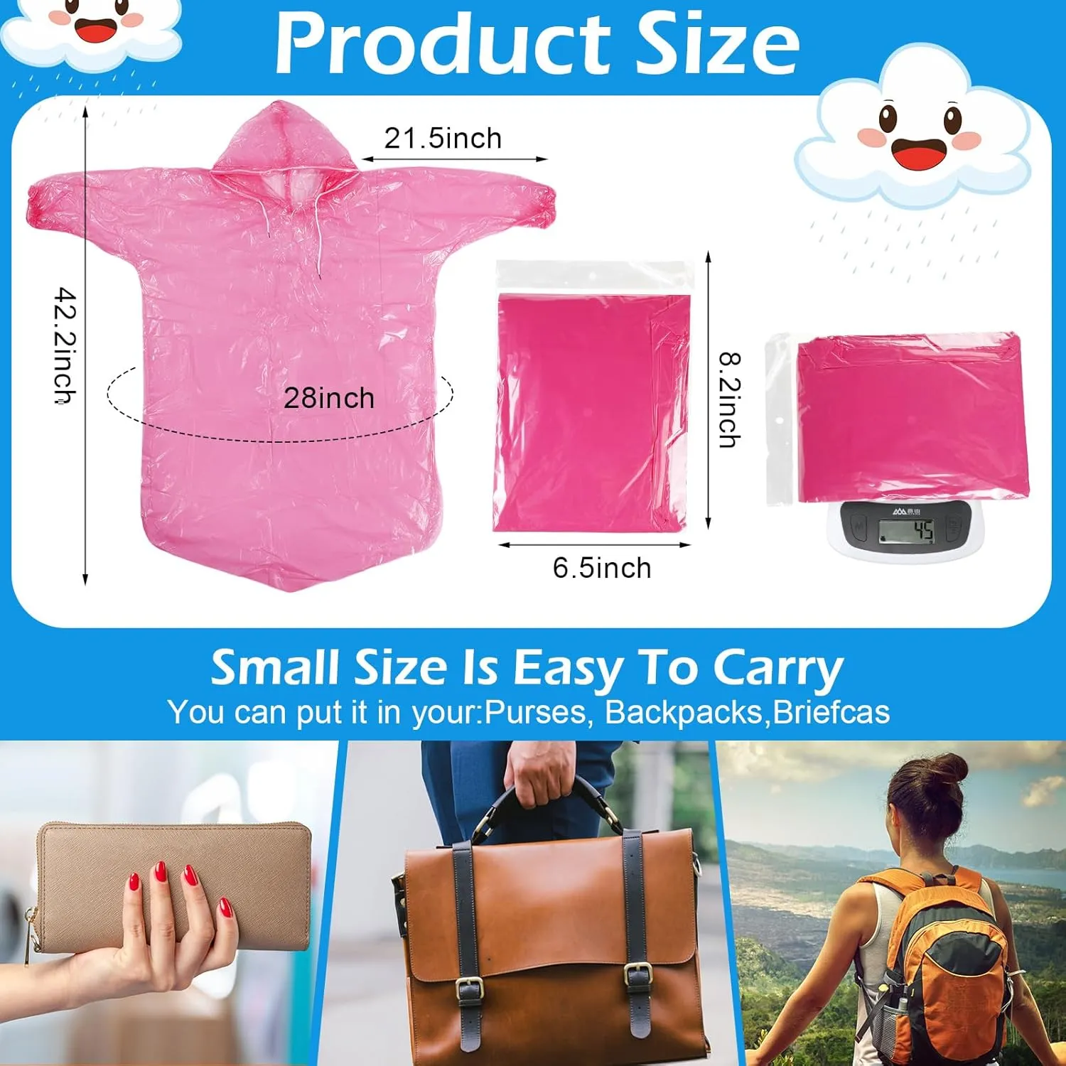 80 Pcs Disposable Rain Ponchos for Kids Bulk Thicker Emergency Plastic Raincoats with Drawstring Hood Elastic Sleeves