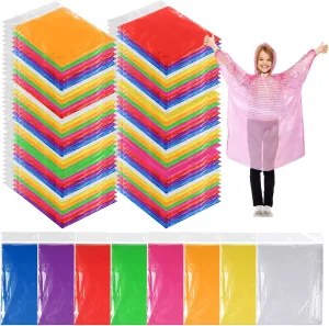 80 Pcs Disposable Rain Ponchos for Kids Bulk Thicker Emergency Plastic Raincoats with Drawstring Hood Elastic Sleeves