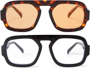 ADE WU Trendy Square Sunglasses Tortoise Shell Frame UV Protection & Fashion Black Square Aviator Fake Glasses