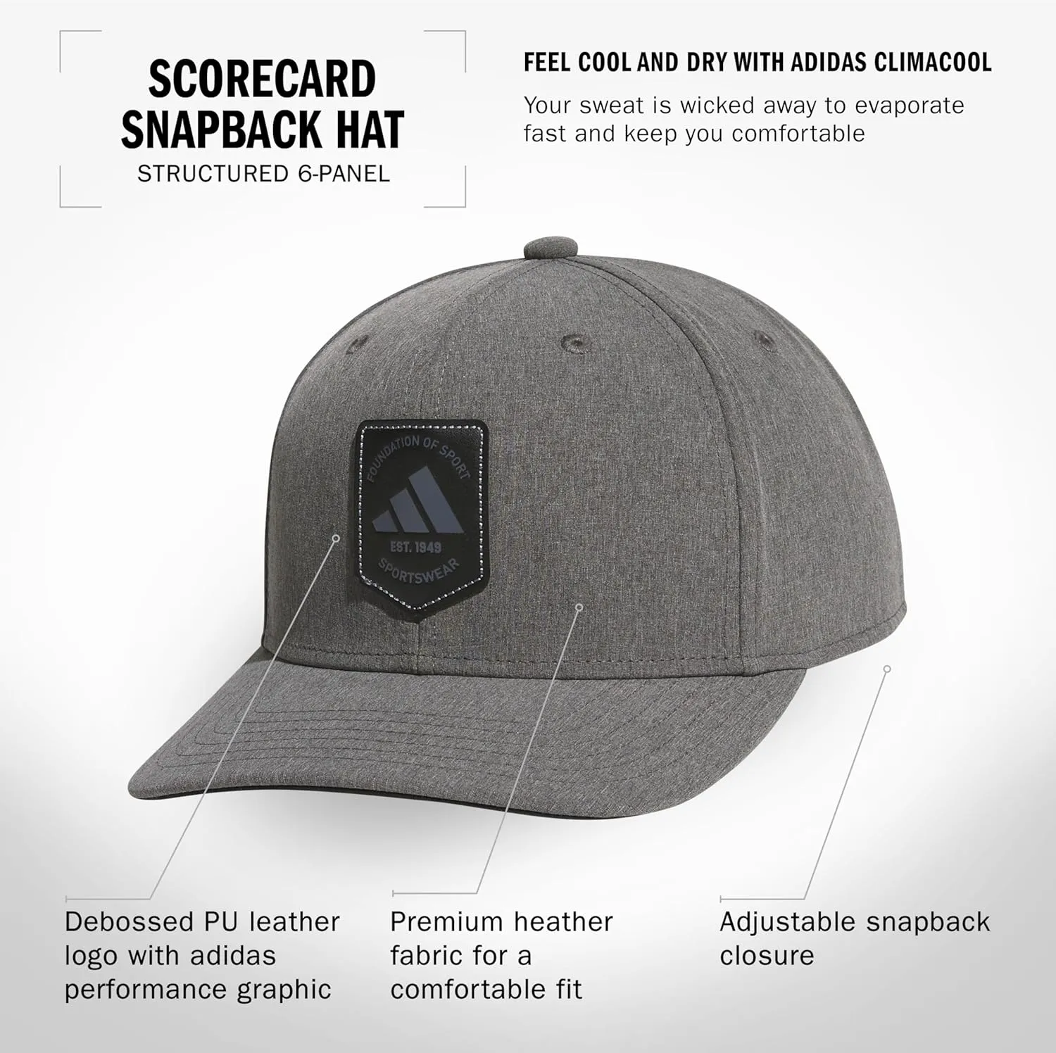 adidas Men's Scorecard High Crown Low Curve Brim Snapback Adjustable Fit Course Style Hat
