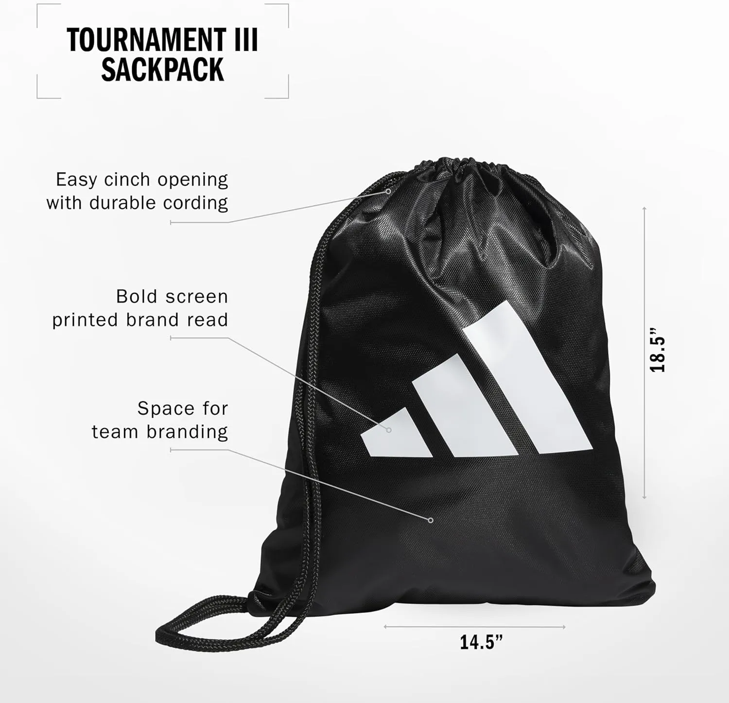 adidas Tournament 3.0 Sackpack Drawstring Bag Lightweight Backpack, Black/White/3, One Size
