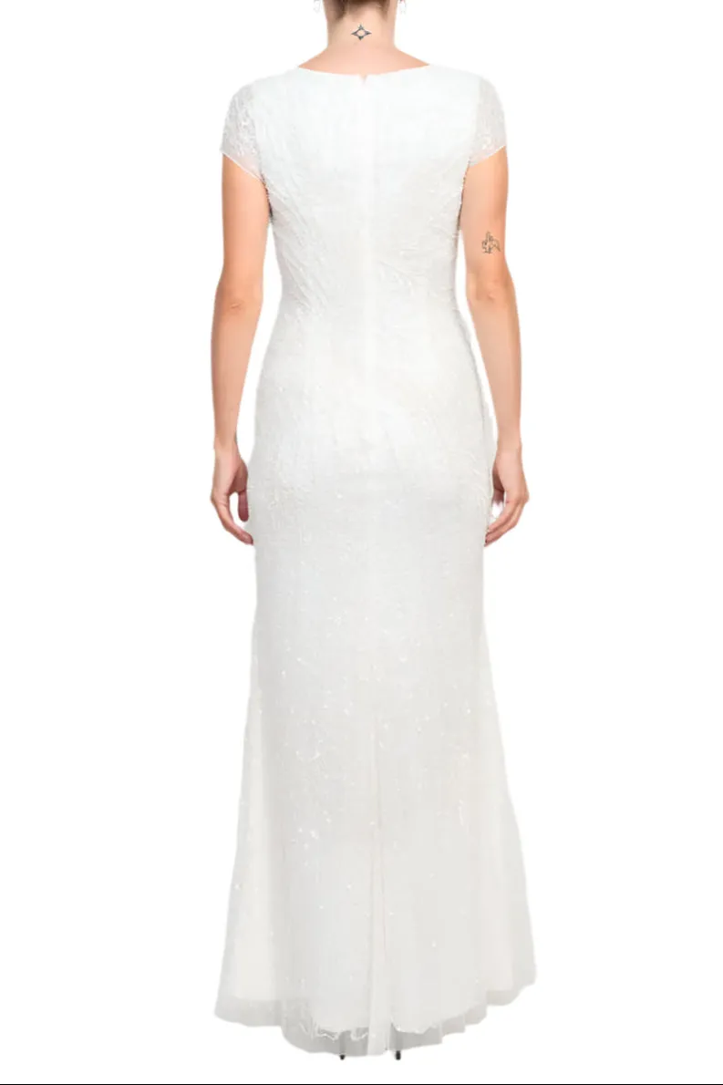 Adrianna Papell V-Neck Short Sleeve Sequined Beaded Zipper Back Mesh Gown