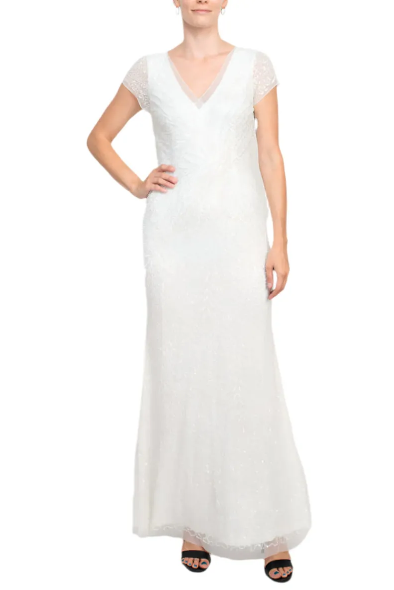 Adrianna Papell V-Neck Short Sleeve Sequined Beaded Zipper Back Mesh Gown