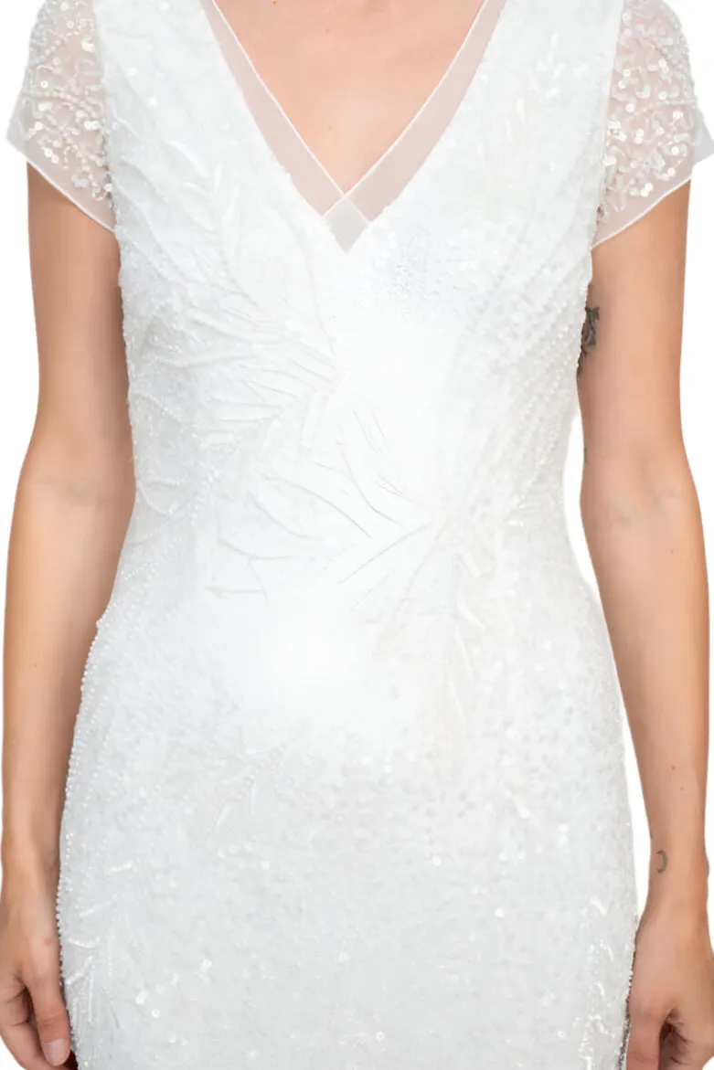 Adrianna Papell V-Neck Short Sleeve Sequined Beaded Zipper Back Mesh Gown