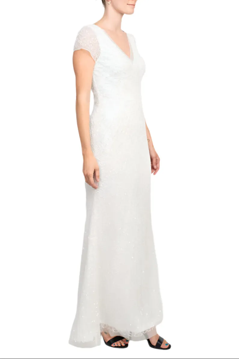 Adrianna Papell V-Neck Short Sleeve Sequined Beaded Zipper Back Mesh Gown