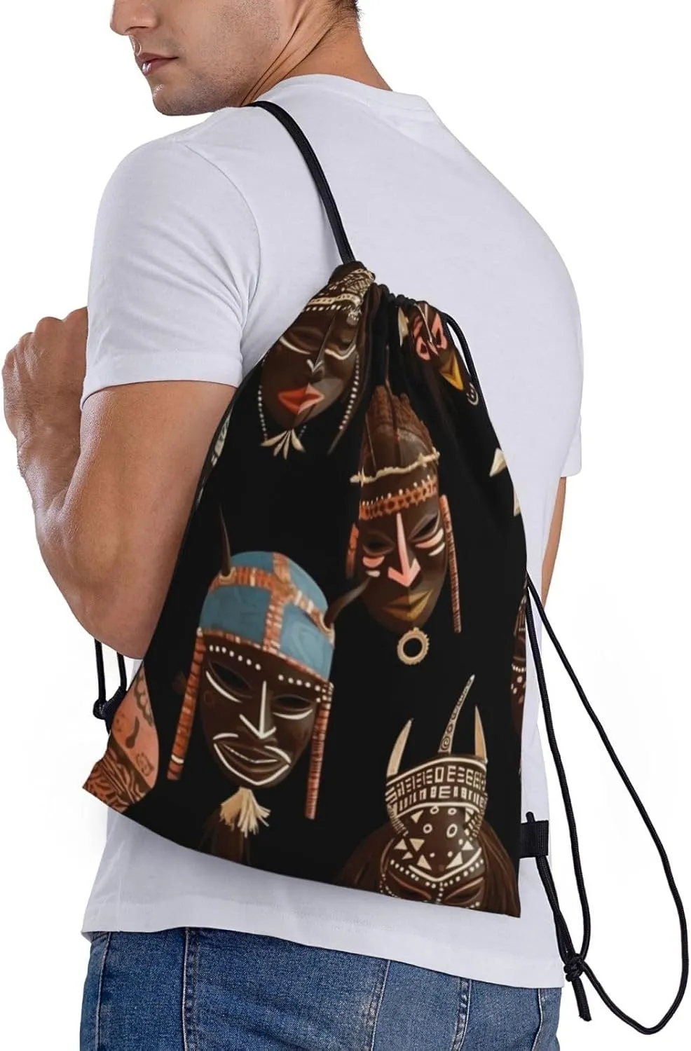 African Ritual Ethnic Tribal Drawstring Backpack for Women Men Cinch Bags Lightweight Drawstring Bag Waterproof Gym Bags Small