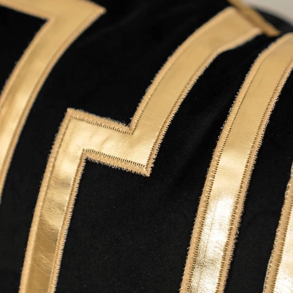 Alerfa Gold Leather Striped Black Throw Pillow Cover 18x18 Inch, Geometric Luxury Decorative Embroidered Velvet Pillow Cover for Couch Living Room Bedroom