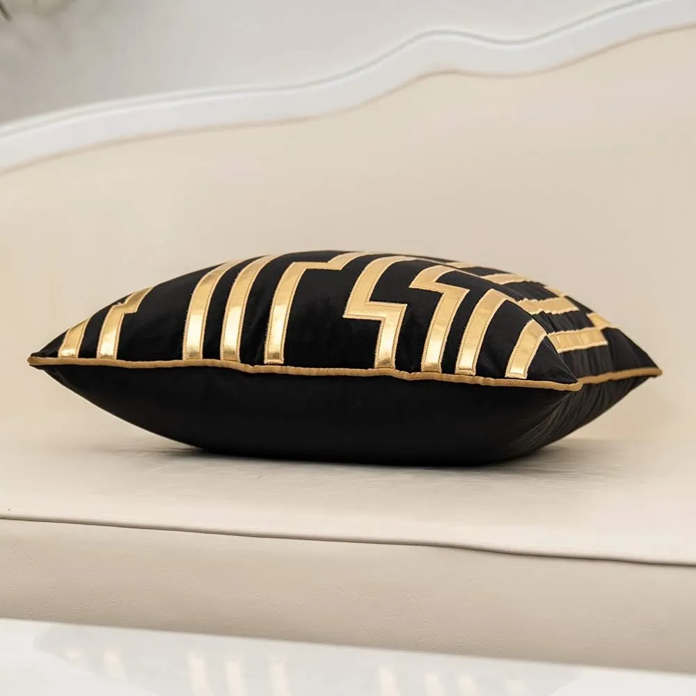 Alerfa Gold Leather Striped Black Throw Pillow Cover 18x18 Inch, Geometric Luxury Decorative Embroidered Velvet Pillow Cover for Couch Living Room Bedroom