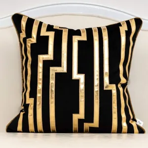 Alerfa Gold Leather Striped Black Throw Pillow Cover 18x18 Inch, Geometric Luxury Decorative Embroidered Velvet Pillow Cover for Couch Living Room Bedroom