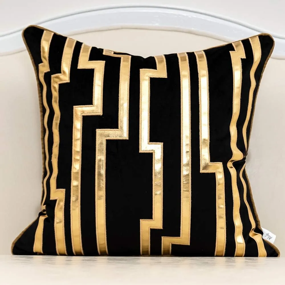 Alerfa Gold Leather Striped Black Throw Pillow Cover 18x18 Inch, Geometric Luxury Decorative Embroidered Velvet Pillow Cover for Couch Living Room Bedroom