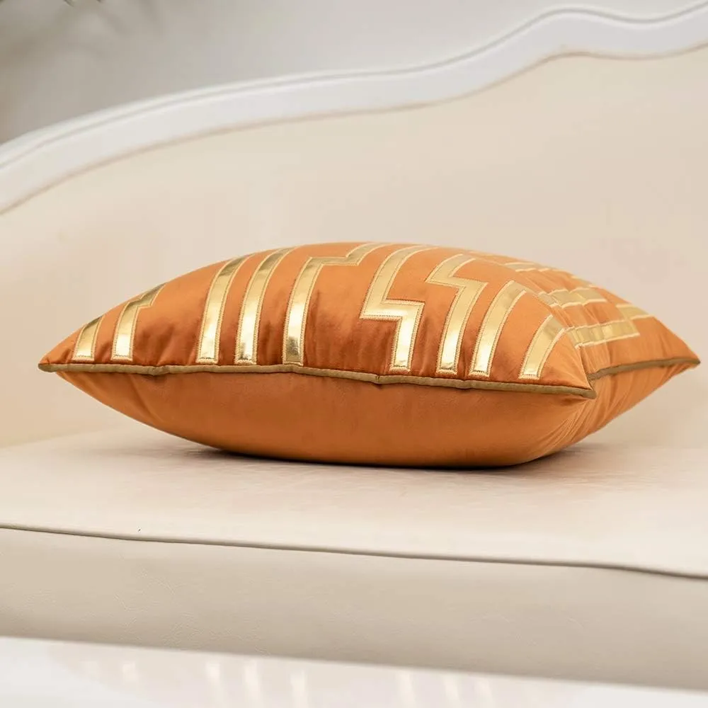Alerfa Gold Leather Striped Orange Throw Pillow Cover 20x20 Inch, Geometric Luxury Decorative Embroidered Velvet Pillow Cover for Couch Living Room Bedroom