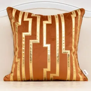 Alerfa Gold Leather Striped Orange Throw Pillow Cover 20x20 Inch, Geometric Luxury Decorative Embroidered Velvet Pillow Cover for Couch Living Room Bedroom