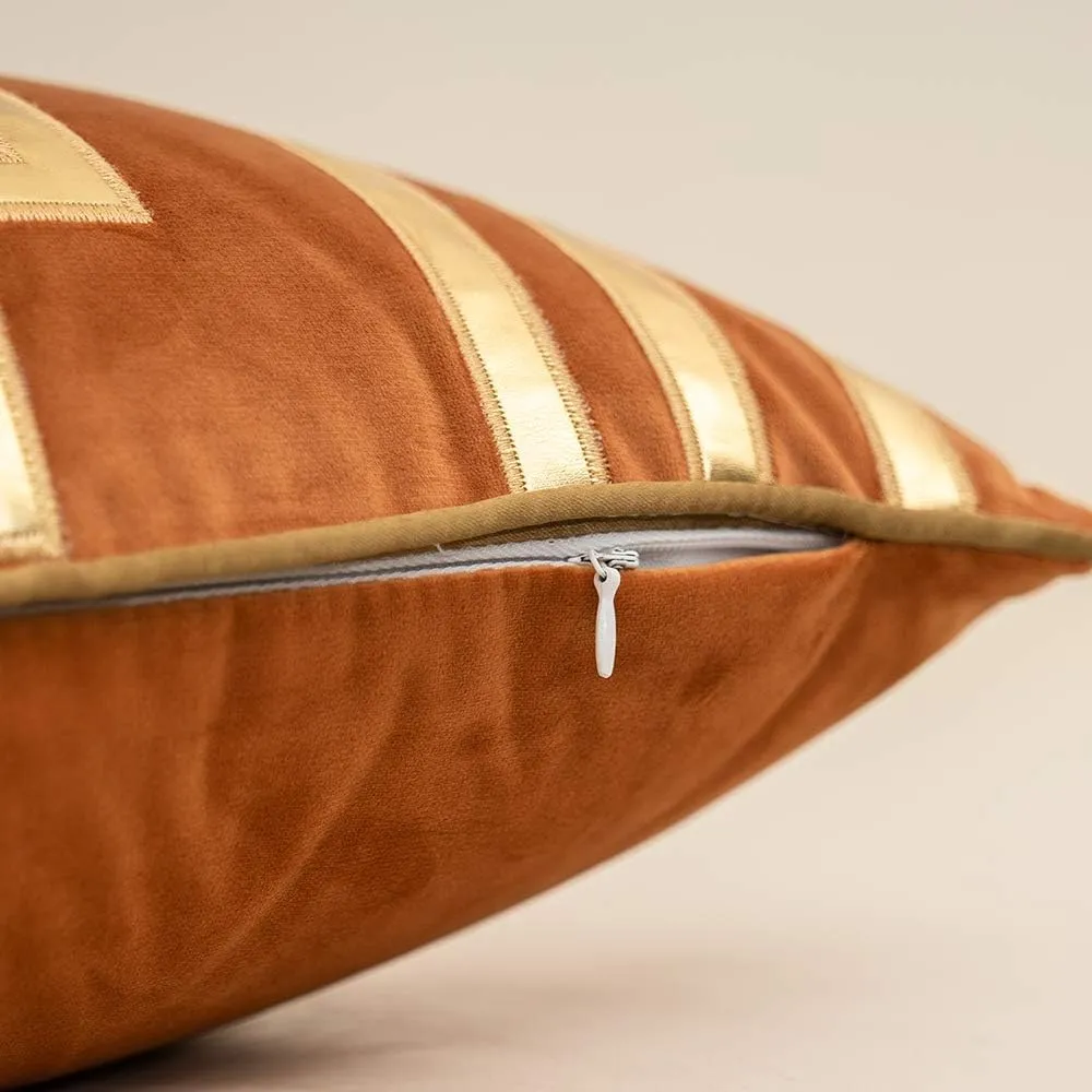 Alerfa Gold Leather Striped Orange Throw Pillow Cover 20x20 Inch, Geometric Luxury Decorative Embroidered Velvet Pillow Cover for Couch Living Room Bedroom