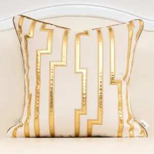 Alerfa Gold Leather Striped White Throw Pillow Cover 20x20 Inch, Geometric Luxury Decorative Embroidered Velvet Pillow Cover for Couch Living Room Bedroom