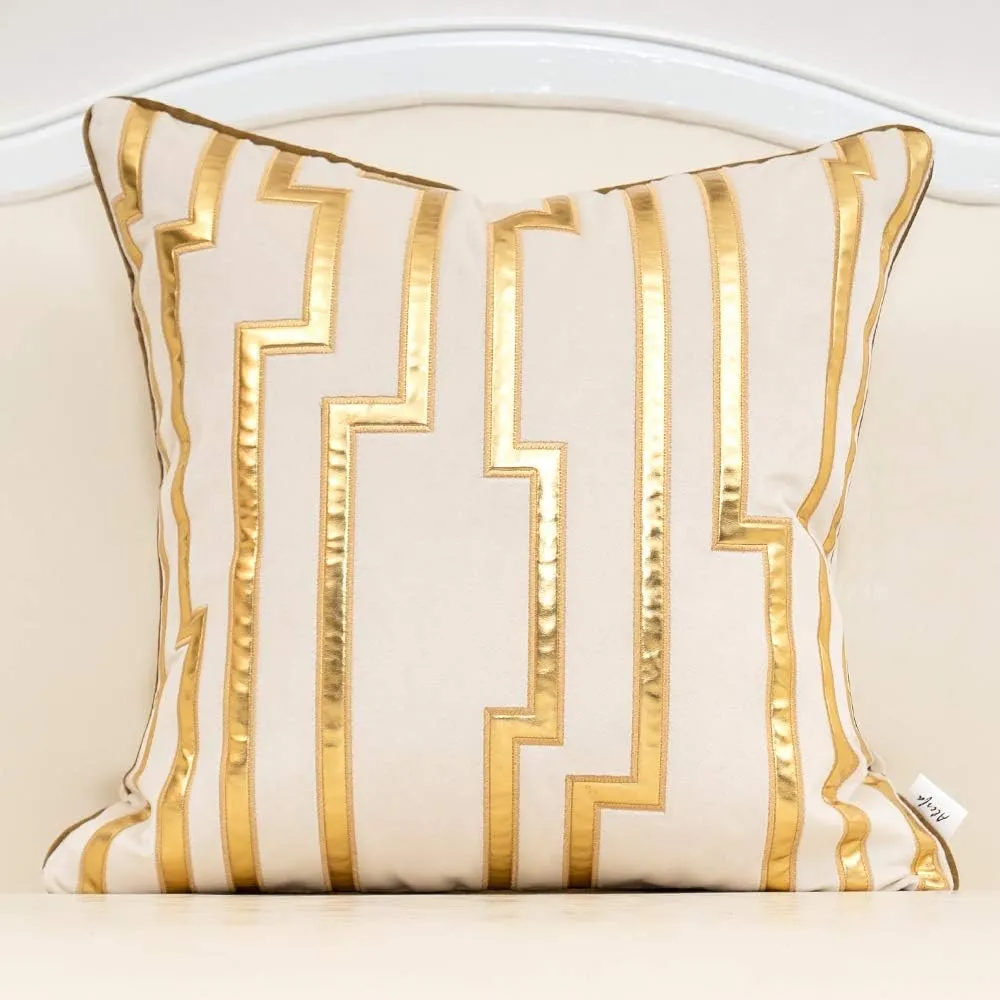 Alerfa Gold Leather Striped White Throw Pillow Cover 20x20 Inch, Geometric Luxury Decorative Embroidered Velvet Pillow Cover for Couch Living Room Bedroom