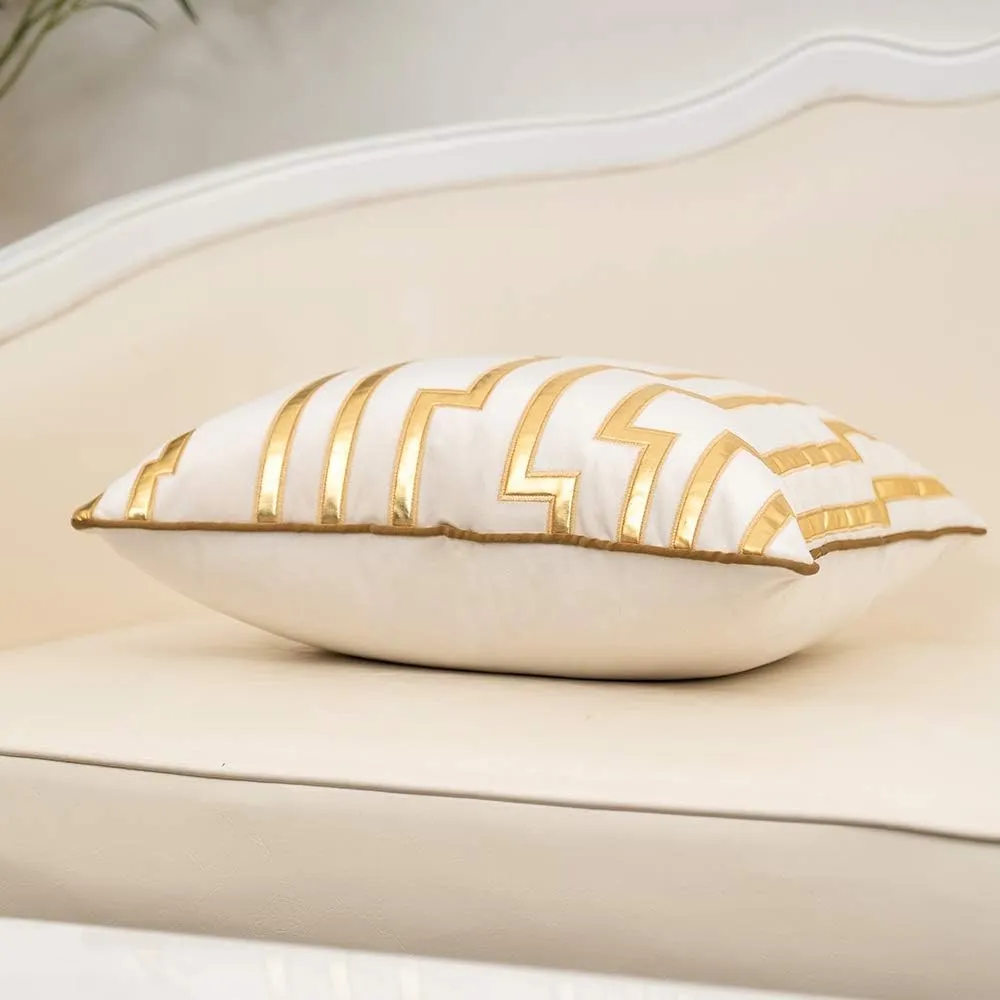 Alerfa Gold Leather Striped White Throw Pillow Cover 20x20 Inch, Geometric Luxury Decorative Embroidered Velvet Pillow Cover for Couch Living Room Bedroom