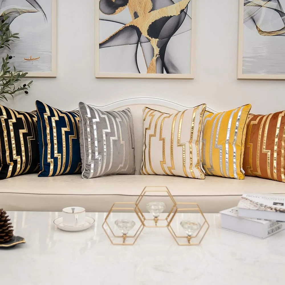 Alerfa Gold Leather Striped White Throw Pillow Cover 20x20 Inch, Geometric Luxury Decorative Embroidered Velvet Pillow Cover for Couch Living Room Bedroom