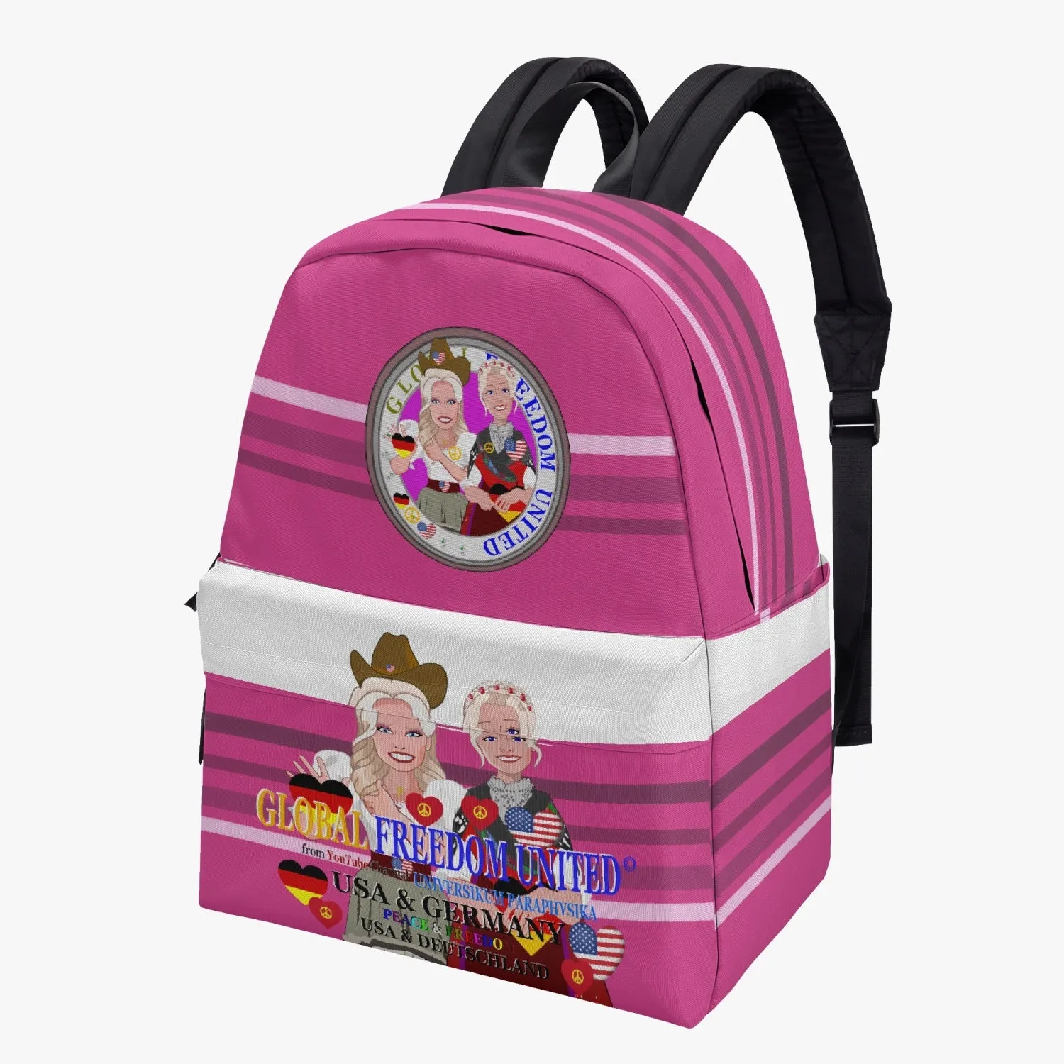 ALL OVER PRINT CANVAS BACKPACK GLOBAL FREEDOM UNITED WOMEN USA & GERMANY OLD PEACE PINK