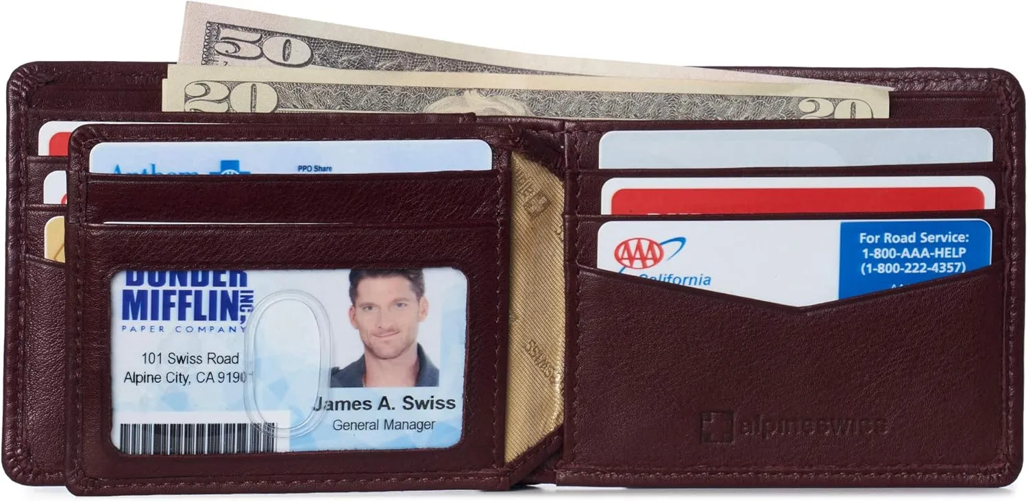 Alpine Swiss Mens Nolan Bifold Commuter Wallet Cowhide Leather RFID Safe Comes in a Gift Box