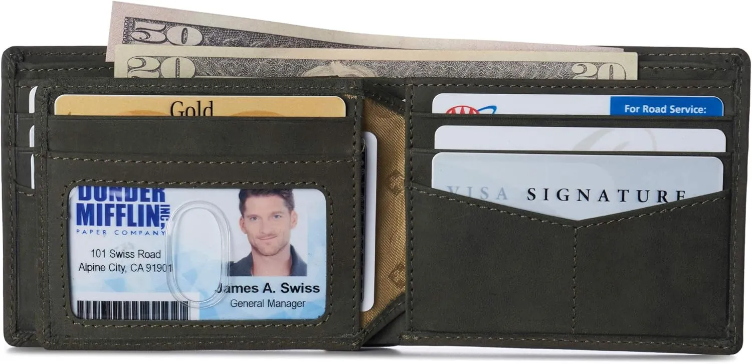 Alpine Swiss Mens Nolan Bifold Commuter Wallet RFID Safe Hampton Collection Nubuck Olive