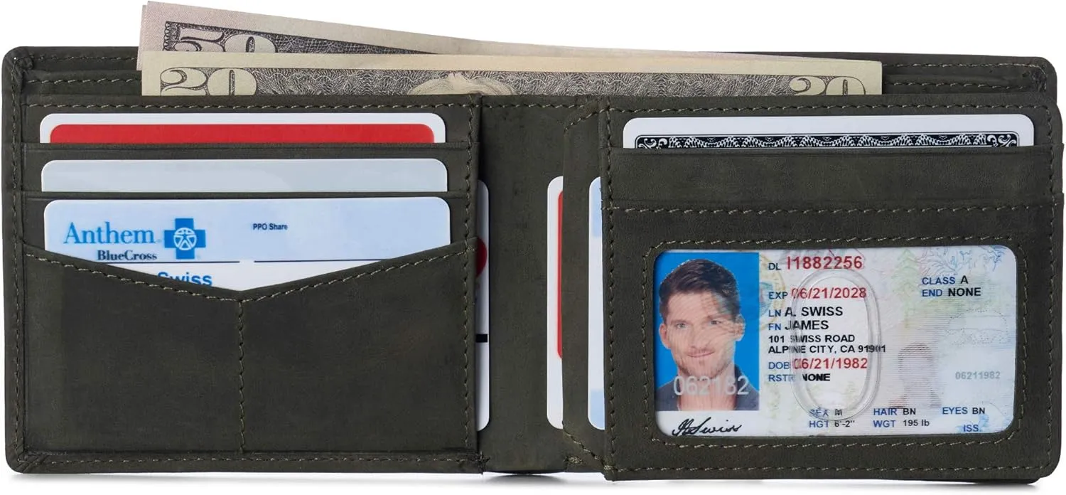 Alpine Swiss Mens Nolan Bifold Commuter Wallet RFID Safe Hampton Collection Nubuck Olive